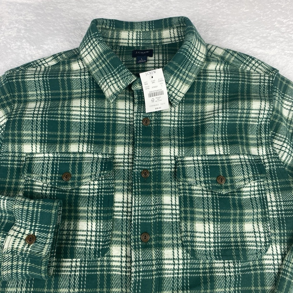 J. CREW Heavy Flannel Shirt Mens Large Green Plaid Regular Fit Dual Pockets NWT!